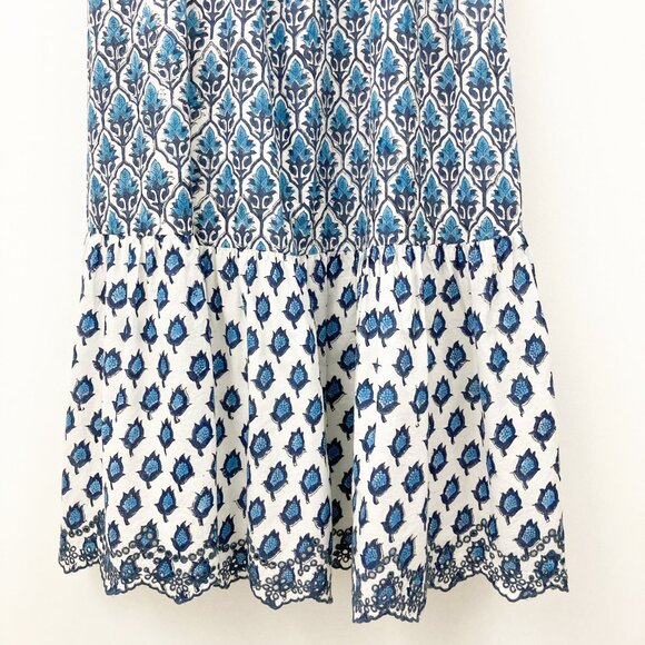 Saule Parc Milly Dress Size XS Blue Block Print Cotton Flutter Sleeves Eyelet - Picture 4 of 11